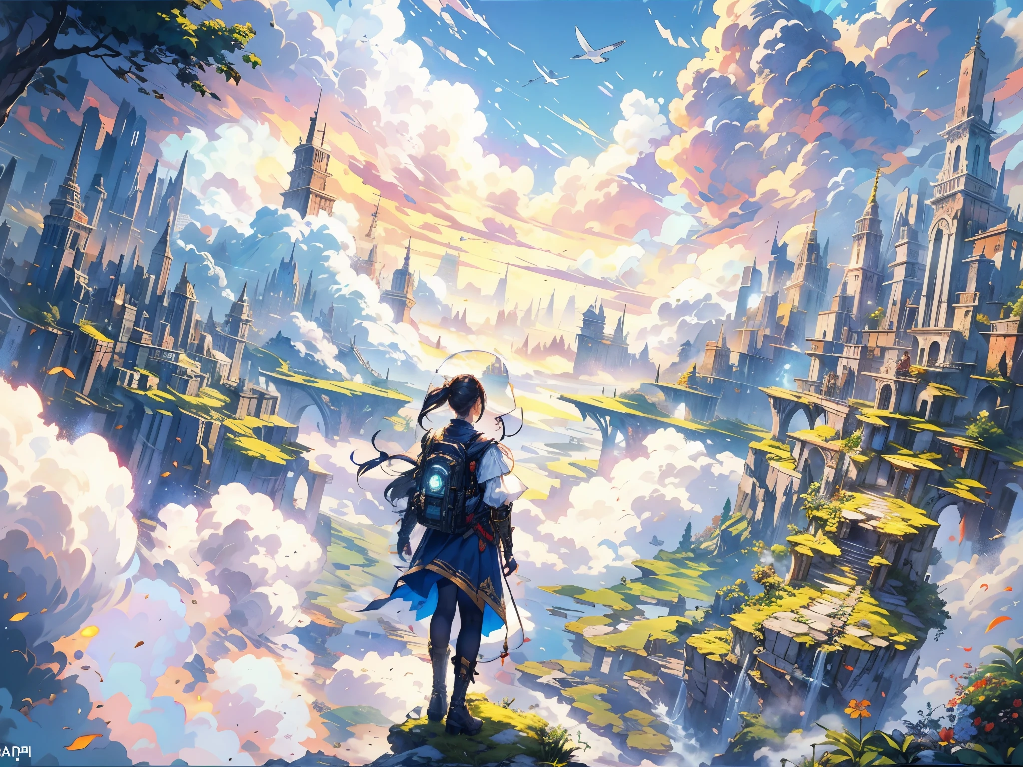 gazing into the distance with determination The sunlight filters through the dense foliage, casting rays of golden light onto the scene. The adventurer's costume is intricately designed, with fine details and vibrant colors. The overall image quality is of the highest resolution, capturing every small detail and texture. The colors are vivid and rich, bringing the scene to life. The lighting adds depth and drama to the composition, emphasizing the young woman's adventurous spirit.
from behind,a young woman in an adventurer costume,standing on a mossy rock stage,,sunlight rays,golden light filtering,vibrant and detailed costume