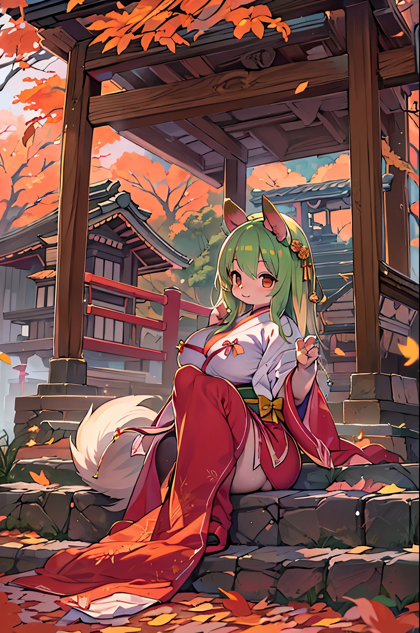 fox woman、furry body、huge breasts、cute maiden、japanese white clothes,Red too、torii,((High position))、big smile、bbw、thick tight、big ass、ultra mommy,Little,Nanachi、Beautiful shrine scenery, autumn day,maple、 loose, anime background Art, japanese art style, beautiful anime scene, detailed scenery - width 672, background art, anime scenery, anime background, 美しいanime scenery, Beautiful peace scenes in anime, landscape artwork, japanese village, anime scenery concept art, 8K))、a lot of fallen leaves