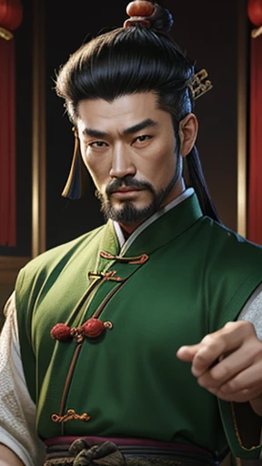 oriental、ancient chinese man wearing green clothes、ancient chinese hairstyle man、three kingdom、multiple warlords、highest quality、masterpiece、ultra high resolution、(Photoreal:1.4)、game poster、inside the house、Upper body、highest quality、masterpiece、ultra high resolution、(Photoreal:1.4)、game poster