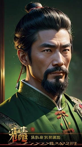 oriental、ancient chinese man wearing green clothes、ancient chinese hairstyle man、three kingdom、multiple warlords、highest quality、masterpiece、ultra high resolution、(Photoreal:1.4)、game poster、inside the house、Upper body、highest quality、masterpiece、ultra high resolution、(Photoreal:1.4)、game poster