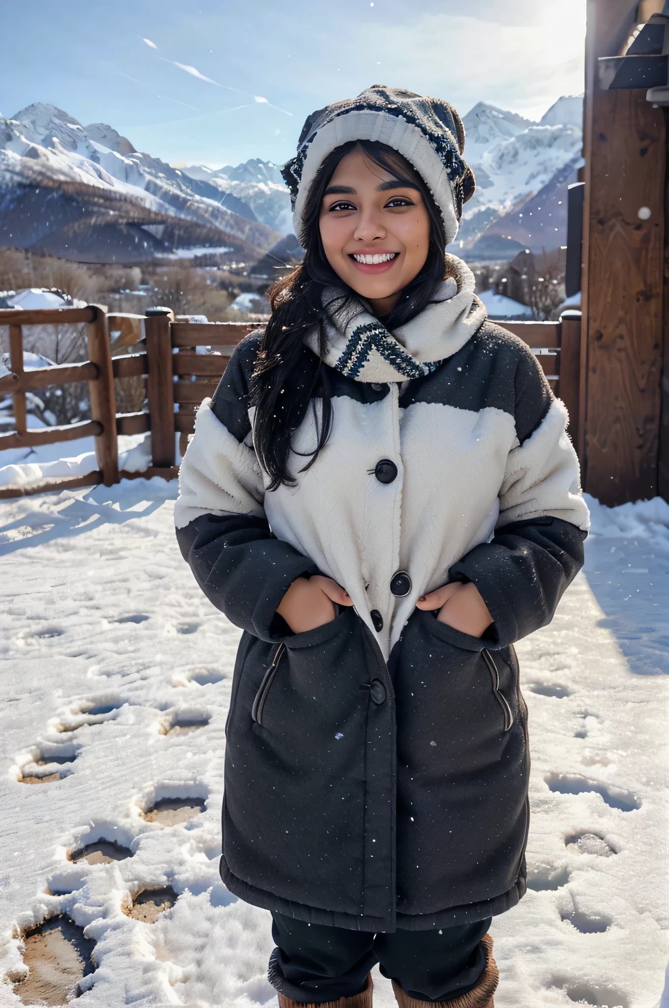 A beautiful Pakistani girl with thick black hair and bright skin, brown eyes and light freckles on her cheeks, ((laughing face expression)), wearing full winter clothes and hat, standing in front of snow covered mountains in winter, captivating background, vibrant colors, ((full body shot)), ((sharped background)) ((sharp face details)) ((stylish pose)) ((standing far from camera))