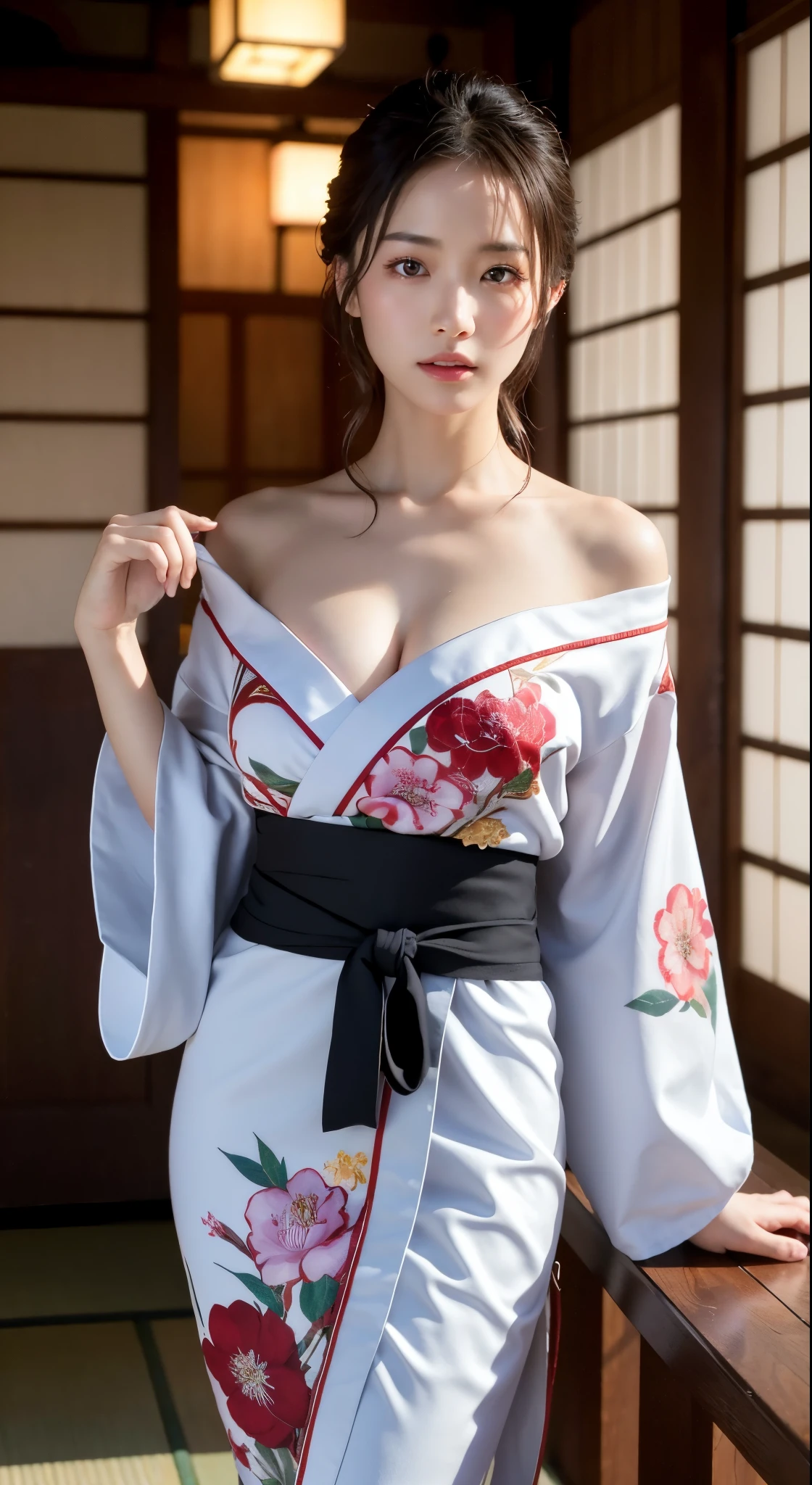 A Japanese shrine nestled in a snowy landscape, early morning on new year&#39;s day, ((Beautiful Japanese girl wearing furisode for New Year celebration, Floral, fur part)), alone, (realistic:1.4), masterpiece, highest quality, 8K, ultra high resolution, cowboy shot, like a Japanese idol, Super cute, elegant, Slightly bewitching, parted lips, Glossy skin, cinematic composition, Professional warm lighting and shading, highly detailed eyes and face, Beautiful eyes in every detail, Beautiful and realistic skin texture with great detail, (correct body balance, accurate needle, accurate eye)