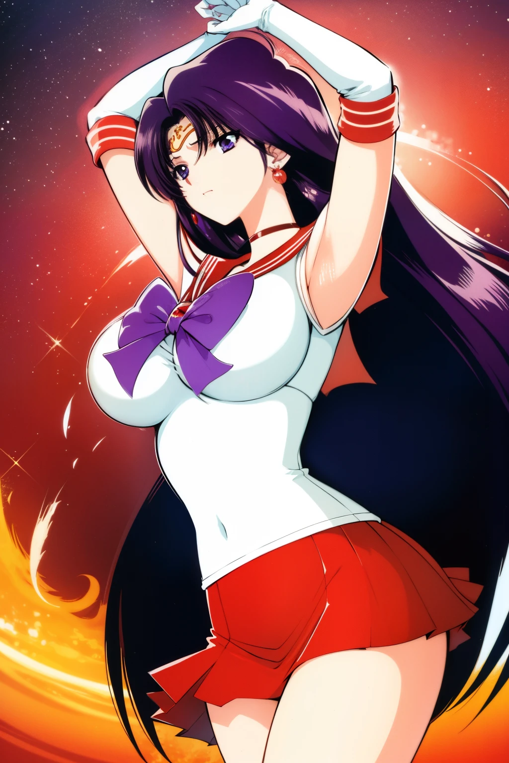 1990s \(style\), 1990s anime cels style, best quality, high resolution, (big eyes, looking away:1.2), 1girl, (huge breasts:1.2), long hair, blue eyes, purple hair, cowboy shot, sm1, sailor senshi uniform, red sailor collar, red choker, red pleated skirt, jewelry, crescent earring, purple bow tie, white gloves, elbow bloves, space