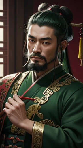 oriental、ancient chinese man wearing green clothes、ancient chinese hairstyle man、three kingdom、multiple warlords、highest quality、masterpiece、ultra high resolution、(Photoreal:1.4)、game poster、inside the house、Upper body、highest quality、masterpiece、ultra high resolution、(Photoreal:1.4)、game poster