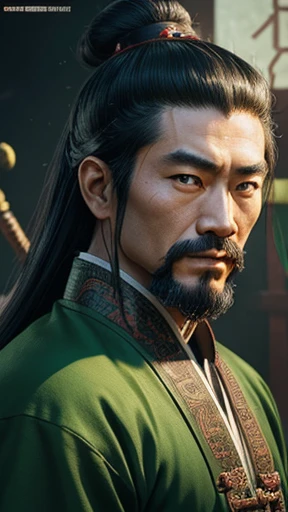 oriental、ancient chinese man wearing green clothes、ancient chinese hairstyle man、three kingdom、multiple warlords、highest quality、masterpiece、ultra high resolution、(Photoreal:1.4)、game poster、inside the house、Upper body、highest quality、masterpiece、ultra high resolution、(Photoreal:1.4)、game poster