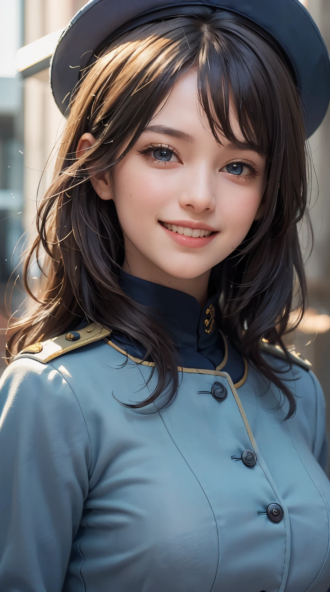 (best quality,4K,8k,high resolution,masterpiece:1.2), Super detailed, (actual,photoactual,photo-actual:1.37), (Beautiful and delicate eyes, Beautiful and delicate lips, Extremely detailed eyes and face), studio lighting, Physically based rendering,Vivid color tits, Super big奶, Super big:0.8), (military uniform or navy:1.5), (soft light:0.picture, smile and laugh:1.5), (cockpit),