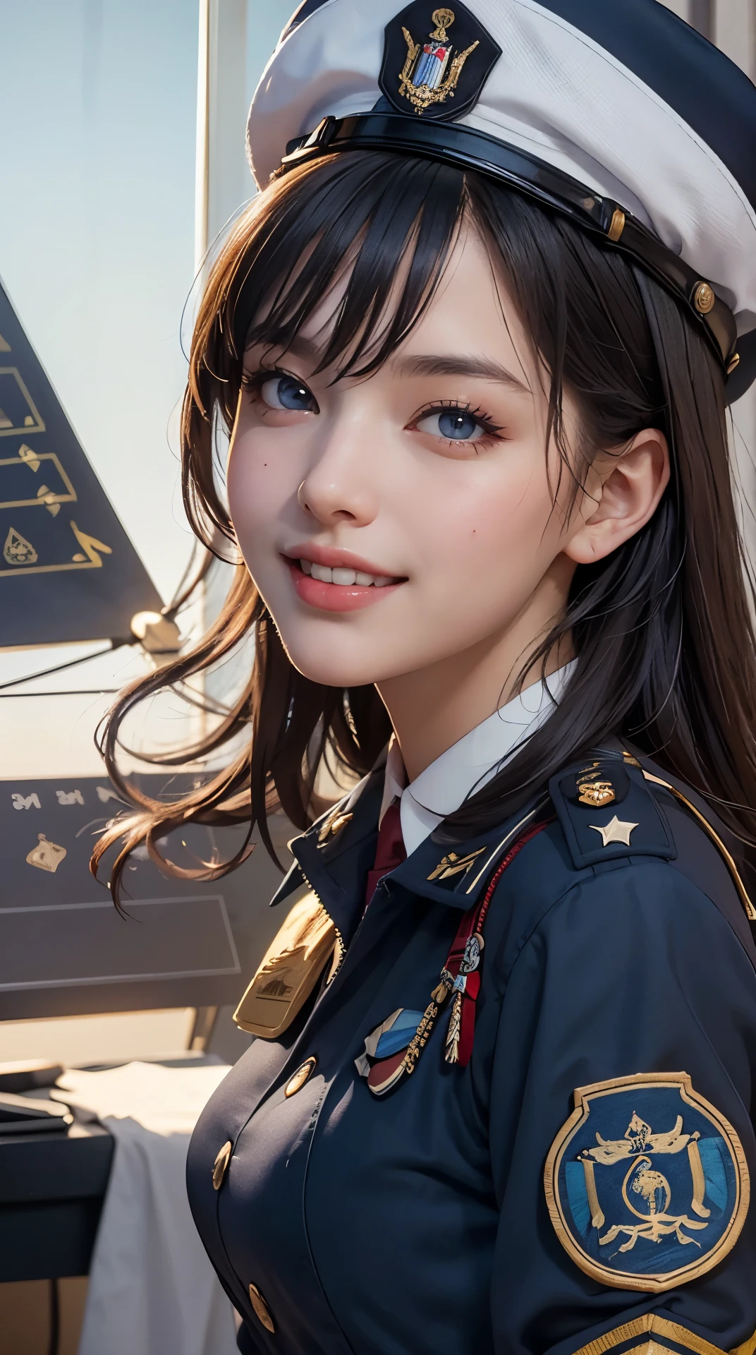 (best quality, 4K, 8k, high resolution, masterpiece:1.2), Super detailed, (actual, photoactual, photo-actual:1.37), (Beautiful and delicate eyes, Beautiful and delicate lips, Extremely detailed eyes and face), studio lighting, Physically based rendering, Vivid color tits, Super big奶, Super big:-0.2), ((waist)), (military uniform or navy, have:1.37), (Tricolor, blue & white & Red), (soft light:0.picture, smile and laugh), (tactical command center:1.5),