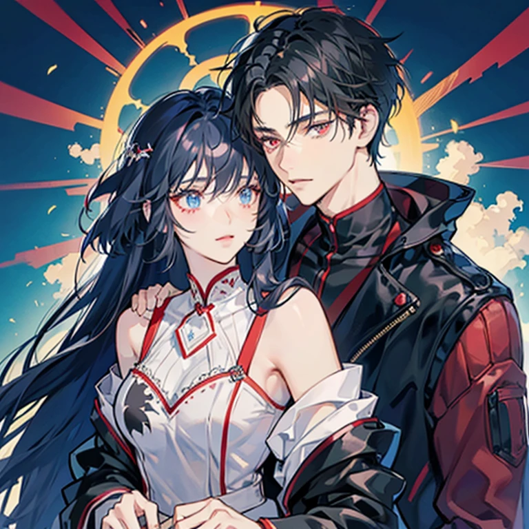 Black-haired men and women facing each other,anime guy with short hair and red eyes,glowing red eyes, adorable anime poses, Anime girl with long hair and blue eyes,shining blue eyes,couple,love love