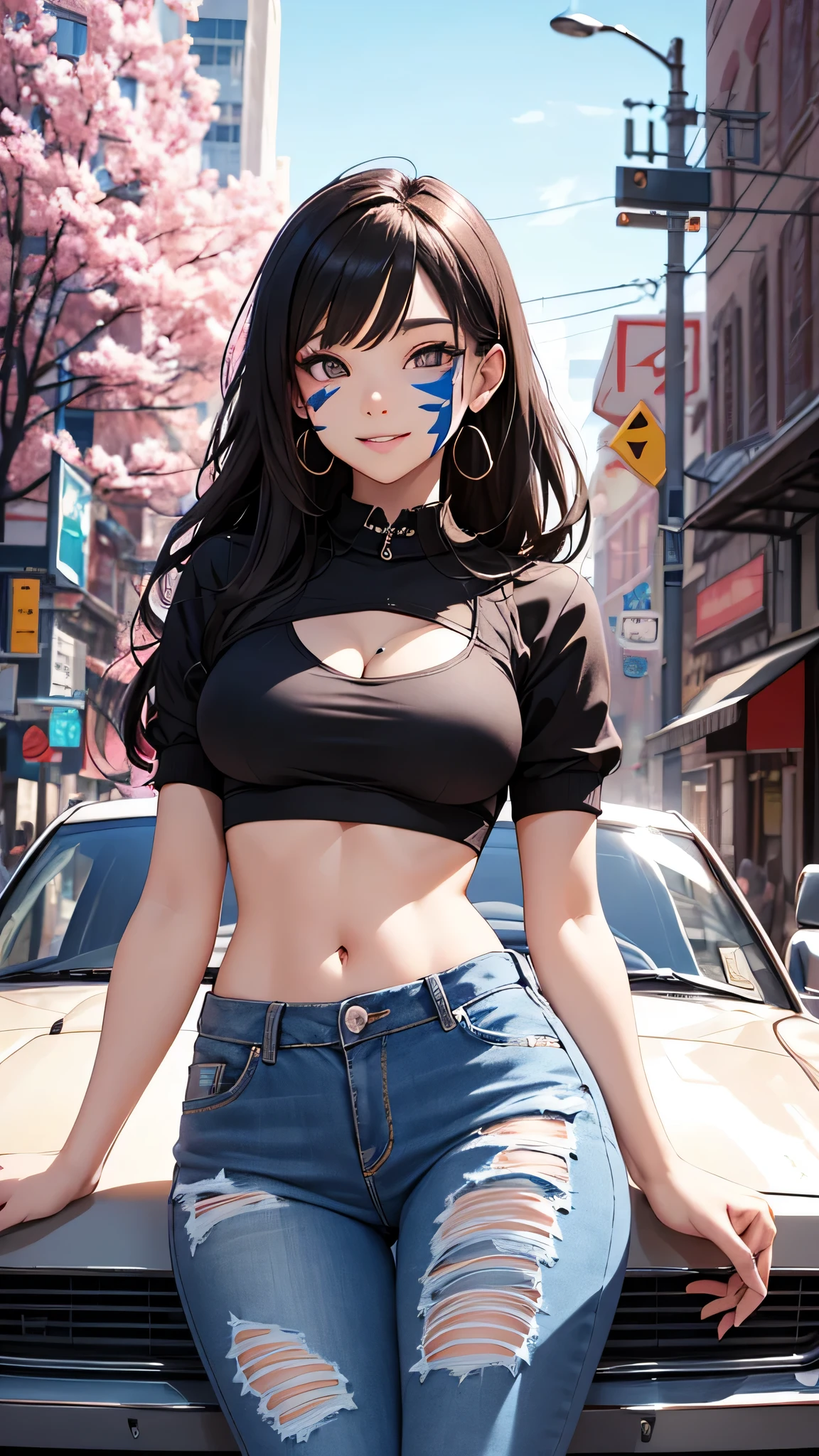 最high quality、best image quality、masterpiece、teenage girl((18-year-old、 by becoming、vest bust、medium bust,wide open breast tea、black eye, black hair、long hair、thin,highest valley、cute makeup、punk clothing、best smile、blue face paint、Yellow face paint、Pink face paint、distressed jeans、distressed jacket、black sports bra、model pose、Leaning on the car、Crouching posture)),high quality、beautiful art、background((Large white room、white luxury convertible car)),pieces fly、Depth of written boundary、movie、visual art、perfect art、