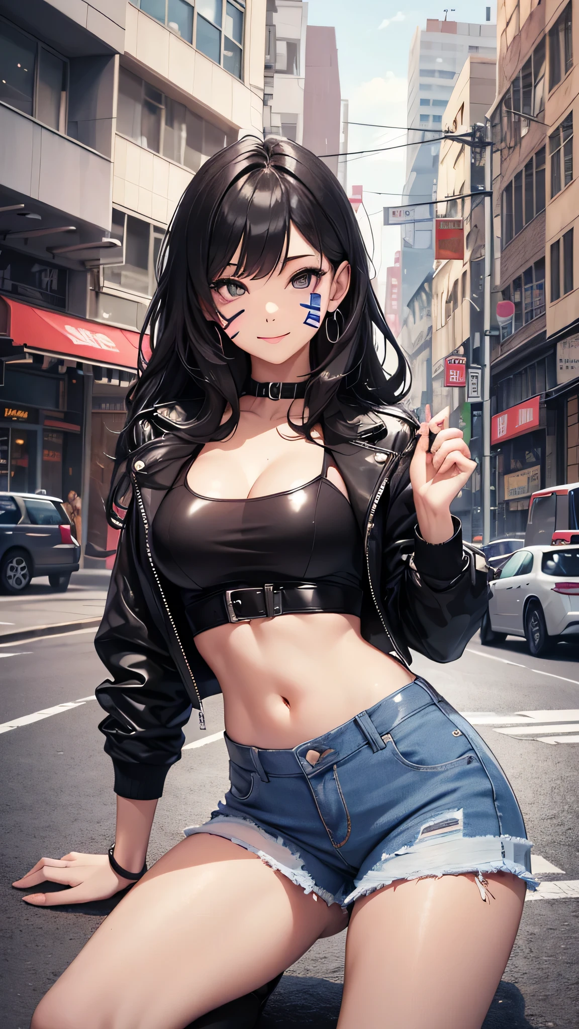 最high quality、best image quality、masterpiece、teenage girl((18-year-old、 by becoming、vest bust、medium bust,wide open breast tea、black eye, black hair、long hair、thin,highest valley、cute makeup、punk clothing、best smile、blue face paint、Yellow face paint、Pink face paint、distressed jeans、distressed jacket、black sports bra、model pose、Leaning on the car、Crouching posture)),high quality、beautiful art、background((Large white room、white luxury convertible car)),pieces fly、Depth of written boundary、movie、visual art、perfect art、