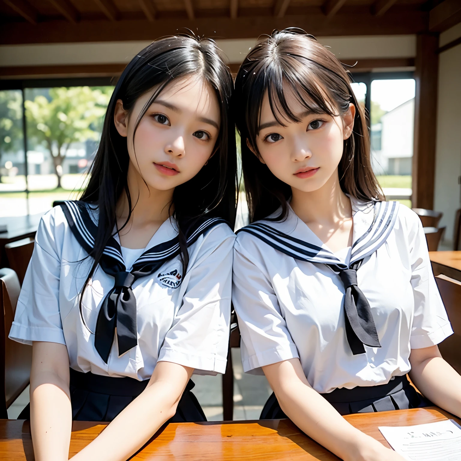 (table top, highest quality:1.2), 8K, official art, RAW photo, full board building 4、cute ass、two cute girls、skinny、14 years、small breasts、incredibly ridiculous, (Upper body, uniform、sailor suit:1.4), beautiful girl, cute face, turn back,、gold ornaments in hair、close, sailor suit, short sleeve, violaces, , street, looking at the viewer, film grain, chromatic aberration, sharp focus, face light, dynamic lighting, cinematic lighting, Eye and face details, background bokeh,