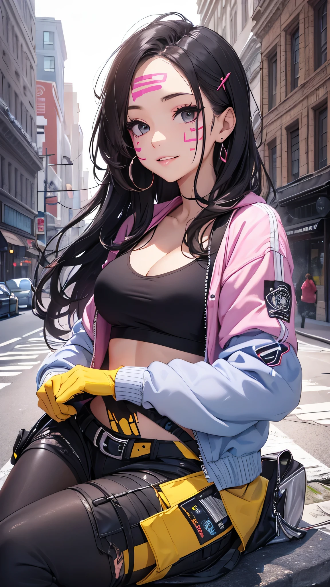 最high quality、best image quality、masterpiece、age girl((18-year-old、 by becoming、vest bust、medium bust,wide open breast tea、black eye, black hair、long hair、thin,highest valley、cute makeup、punk clothing、best smile、blue face paint、Yellow face paint、Pink face paint、distressed jeans、distressed jacket、black sports bra、model pose)),high quality、beautiful art、background((Large white room、white luxury convertible car)),pieces fly、Depth of written boundary、movie、visual art、perfect art、