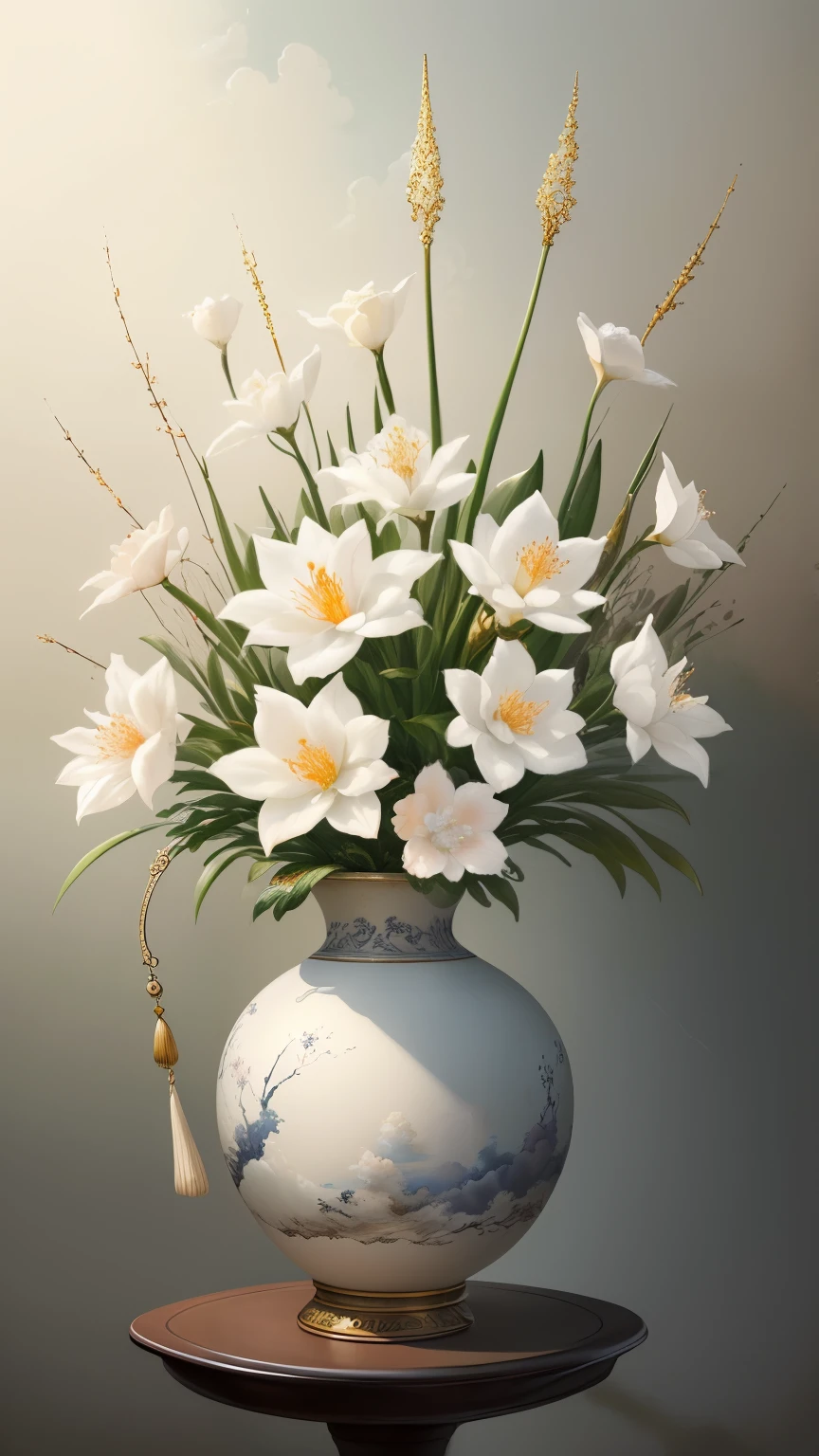 high quality, best quality, lifelike, Ultra-realistic 8K CG, Ultra-detailed, HD, masterpiece, Watercolor oil painting,Danqing ink painting,Several sprigs of white clivia in a vase,antique art,The background decorated with auspicious clouds and silk ribbons,Elegant and peaceful atmosphere,Concept art illustration,Ink painting color blooming,Light painting rendering,Still life scenes