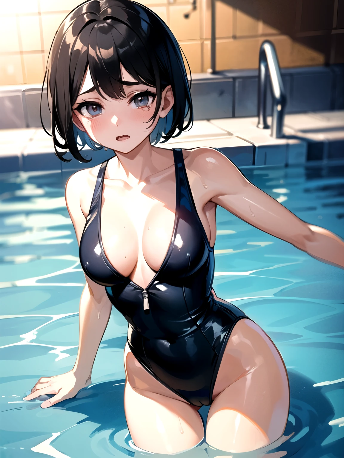 NSFW, top-quality, Top image quality, masterpiece, Ultra-detailed, illustration, (swimming) pool, one-piece swimsuit, girl, short hair, black hair, tentacle pit, egg laying, crying with eyes open,