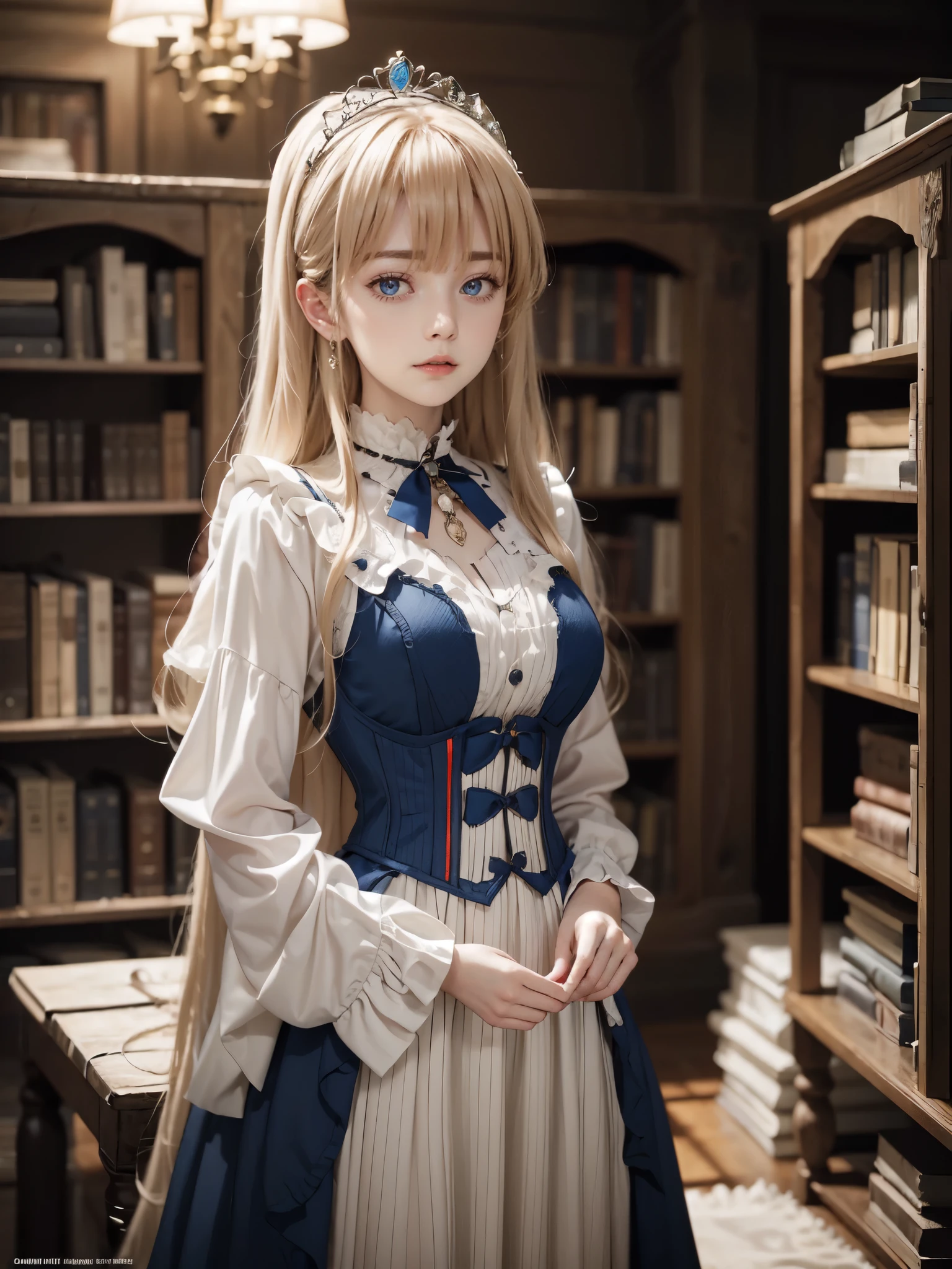 Full body, ((masterpiece)), ((best quality, highly detailed)), young woman, (from side:0.4), ((facing the camera)), gentle and lovely face, round face, ((blonde hair, blunt bangs)), long straight hair, (sleepy eyes:0.90), Blue eyes, victorian dress, corset, jeweled crown, fantasy art, cinematic lighting, library, no watermark