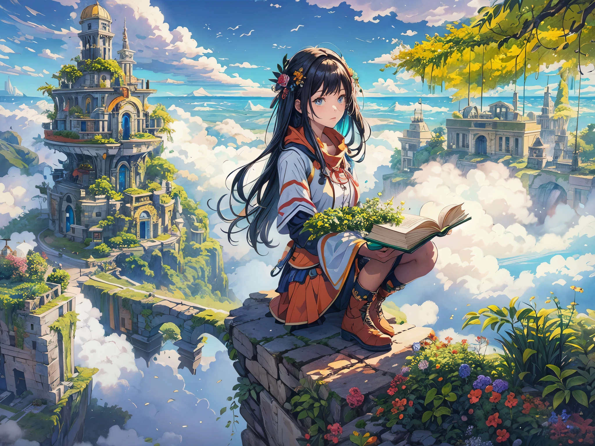 (in the air),(above the cloud:1.4),(finely detailed ancient lost_city:1.3),(lost_city towering above the clouds:1.2),epic,(focus_girl:1.4),(girl in city peak of Broken bridge), age girl sitting on the verge of that bridge looking at the far horizons,rule of thirds,anime_face,fine-tuning face, detailed eyes,cute face,black hair, finely detailed fantasy traveler clothes,calm expression ,overhead_viewer,wind blow at viewer,fantastic plant,book,(Giant World Tree),motion,(depth_of_field), extension image, front view , colorful dreamy fluffy clouds,octane render,8K resolution concept art, realism,by Mappa studios,masterpiece,best quality,official art,illustration,ligne claire,(cool_color),perfect composition,absurdres, fantasy,focused