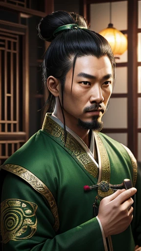 oriental、ancient chinese man wearing green clothes、ancient chinese hairstyle man、three kingdom、multiple warlords、highest quality、masterpiece、ultra high resolution、(Photoreal:1.4)、game poster、inside the house、Upper body、highest quality、masterpiece、ultra high resolution、(Photoreal:1.4)、game poster