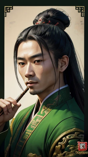oriental、ancient chinese man wearing green clothes、ancient chinese hairstyle man、three kingdom、multiple warlords、highest quality、masterpiece、ultra high resolution、(Photoreal:1.4)、game poster、inside the house、Upper body、highest quality、masterpiece、ultra high resolution、(Photoreal:1.4)、game poster