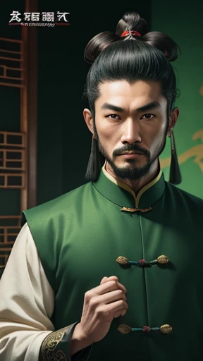 oriental、ancient chinese man wearing green clothes、ancient chinese hairstyle man、three kingdom、multiple warlords、highest quality、masterpiece、ultra high resolution、(Photoreal:1.4)、game poster、inside the house、Upper body、highest quality、masterpiece、ultra high resolution、(Photoreal:1.4)、game poster