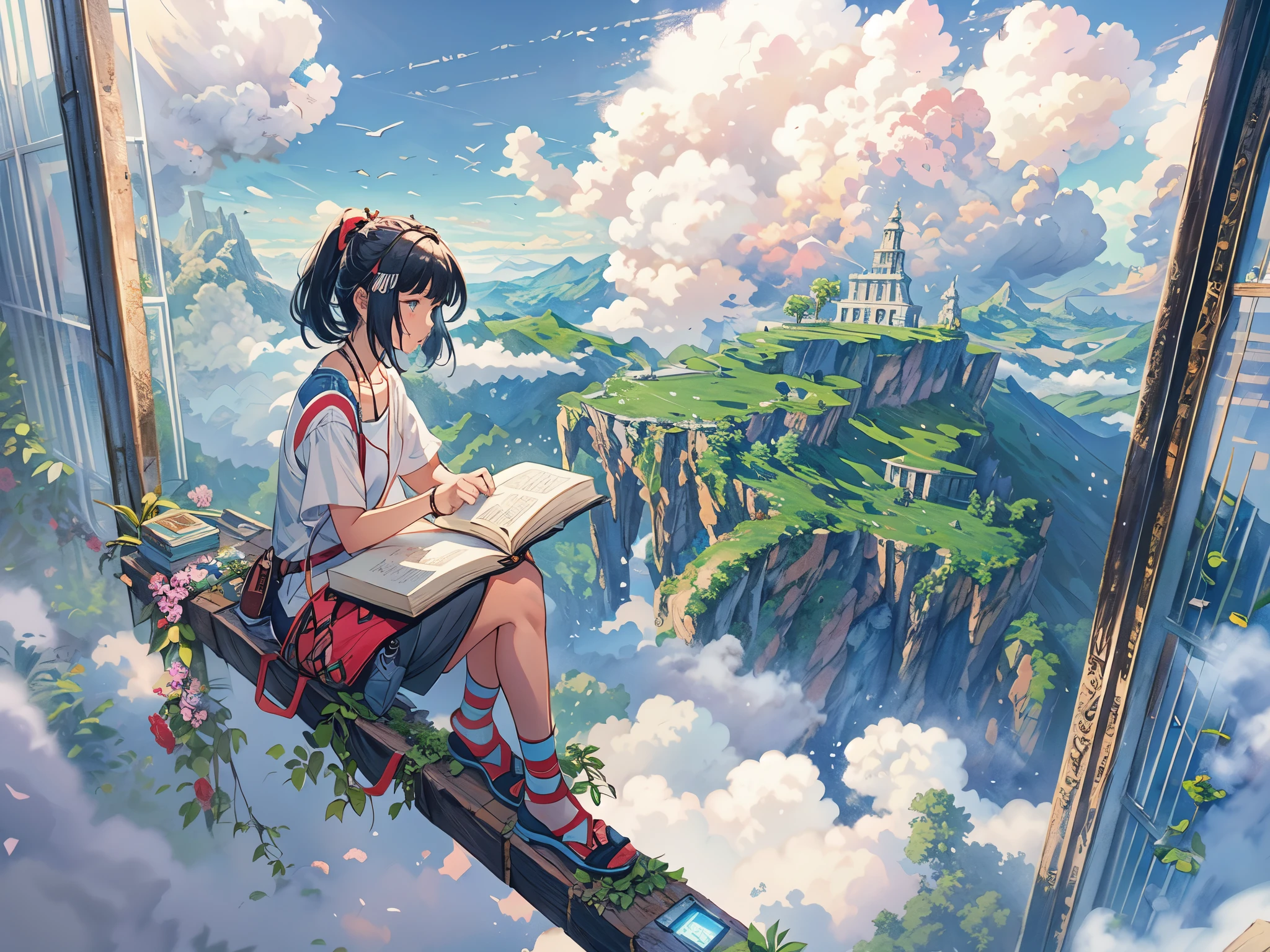 (in the air),(above the cloud:1.4),(finely detailed ancient lost_city:1.3),(lost_city towering above the clouds:1.2),epic,(focus_girl:1.4),(girl in city peak of Broken bridge), teenage girl sitting on the verge of that bridge looking at the far horizons,rule of thirds,anime_face,fine-tuning face, detailed eyes,cute face,black hair, finely detailed fantasy traveler clothes,calm expression ,overhead_viewer,wind blow at viewer,fantastic plant,book,(Giant World Tree),motion,(depth_of_field), extension image, front view , colorful dreamy fluffy clouds,octane render,8K resolution concept art, realism,by Mappa studios,masterpiece,best quality,official art,illustration,ligne claire,(cool_color),perfect composition,absurdres, fantasy,focused