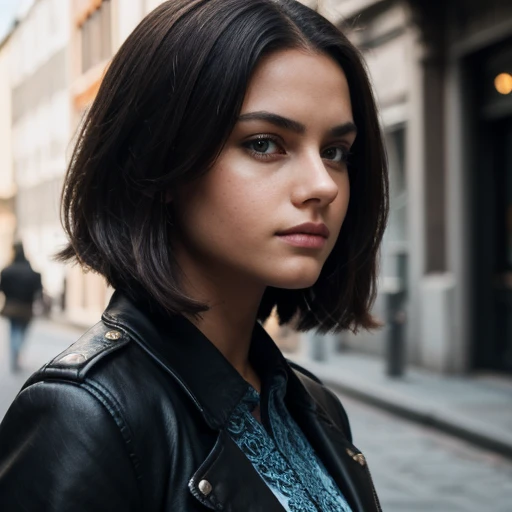 (black riders jacket:1.1), (masterpiece, best quality, pretty girl, beautiful face, 8k, raw photo, photorealistic, absurdres:1.2), teens, cowboy shot, dutch angle, facelight, film grain, chromatic aberration, highres, ultra detailed, finely detail, light blue frilled lace dress, detailed skin and eyes and face, sharp pupils, realistic pupils, sharp focus, street