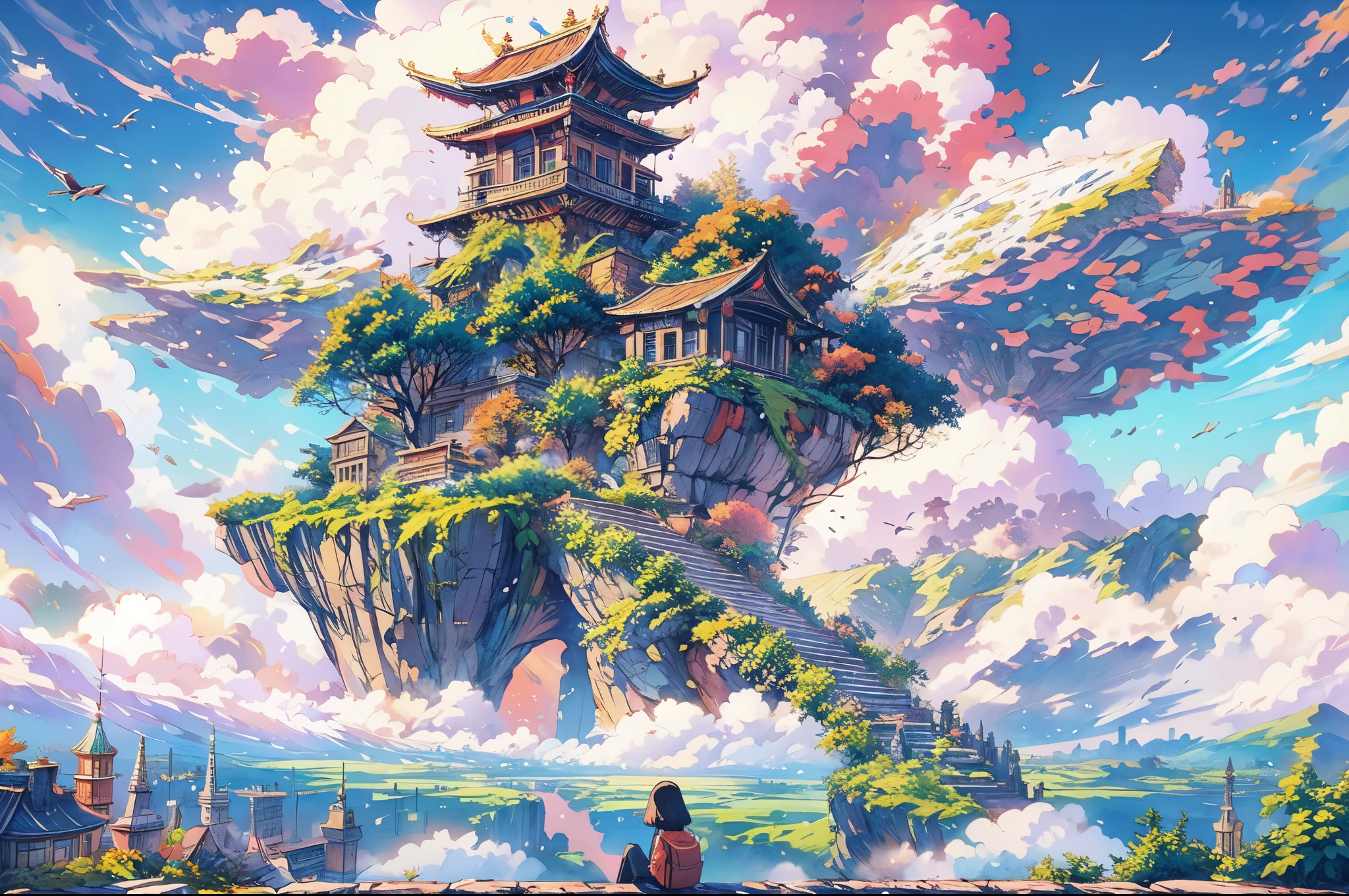 octane render,8K resolution concept art, realism,by Mappa studios,masterpiece,best quality,official art,illustration,ligne claire,(cool_color),perfect composition,absurdres, fantasy,focused,(in the air),(above the cloud:1.4),(finely detailed ancient lost_city:1.3),(lost_city towering above the clouds:1.2),epic,(focus_girl:1.5),(girl in city peak of Broken bridge), sitting on the verge of that bridge looking at the far horizons,rule of thirds,anime_face,fine-tuning face, detailed eyes,cute face,black hair, finely detailed fantasy traveler clothes,calm expression ,overhead_viewer,wind blow at viewer,fantastic plant,book,(Giant World Tree),motion,(depth_of_field), extension image, front view , dreamy colorful cloud 
