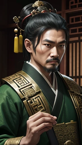 oriental、ancient chinese man wearing green clothes、ancient chinese hairstyle man、three kingdom、multiple warlords、highest quality、masterpiece、ultra high resolution、(Photoreal:1.4)、game poster、inside the house、Upper body、highest quality、masterpiece、ultra high resolution、(Photoreal:1.4)、game poster