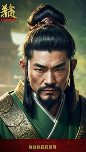oriental、ancient chinese man wearing green clothes、ancient chinese hairstyle man、three kingdom、multiple warlords、highest quality、masterpiece、ultra high resolution、(Photoreal:1.4)、game poster、inside the house、Upper body、highest quality、masterpiece、ultra high resolution、(Photoreal:1.4)、game poster