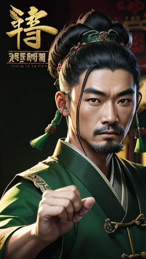 oriental、ancient chinese man wearing green clothes、ancient chinese hairstyle man、three kingdom、multiple warlords、highest quality、masterpiece、ultra high resolution、(Photoreal:1.4)、game poster、inside the house、Upper body、highest quality、masterpiece、ultra high resolution、(Photoreal:1.4)、game poster