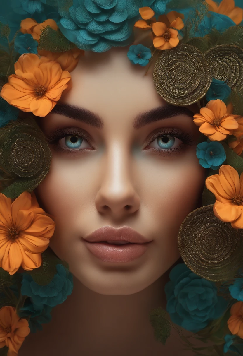 (obra de arte),(melhor qualidade), illustration, (Fantasia:1.4), cabelos castanhos longos, long eyelashes, solid circle eyes, Sorriso leve, surrealismo, sombra projetada, anaglyph, estereograma, Atmospheric perspective, 8k, super detalhe, preciso, melhor qualidade, Ultra HD, Pele texturizada, vestido longo, uma lua, Flores , papel_corte
