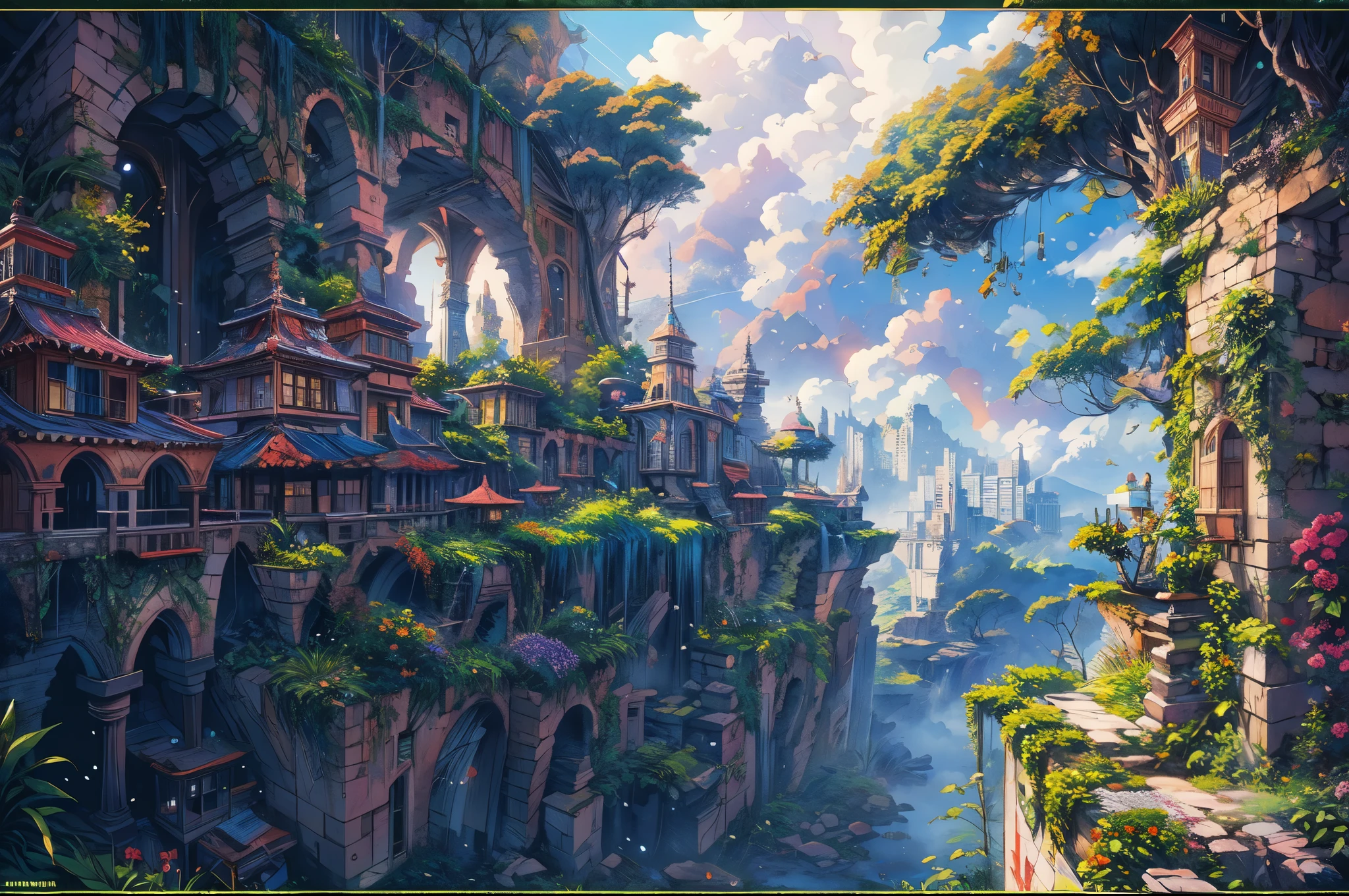 octane render,8K resolution concept art, realism,by Mappa studios,masterpiece,best quality,official art,illustration,ligne claire,(cool_color),perfect composition,absurdres, fantasy,focused,(in the air),(above the cloud:1.4),(finely detailed ancient lost_city:1.3),(lost_city towering above the clouds:1.2),epic,(focus_girl:1.5),(girl in city peak of Broken bridge), sitting on the verge of that bridge looking at the far horizons,rule of thirds,anime_face,fine-tuning face, detailed eyes,cute face,black hair, finely detailed fantasy traveler clothes,calm expression ,overhead_viewer,wind blow at viewer,fantastic plant,book,(Giant World Tree),motion,(depth_of_field), extension image, front view , dreamy colorful cloud 