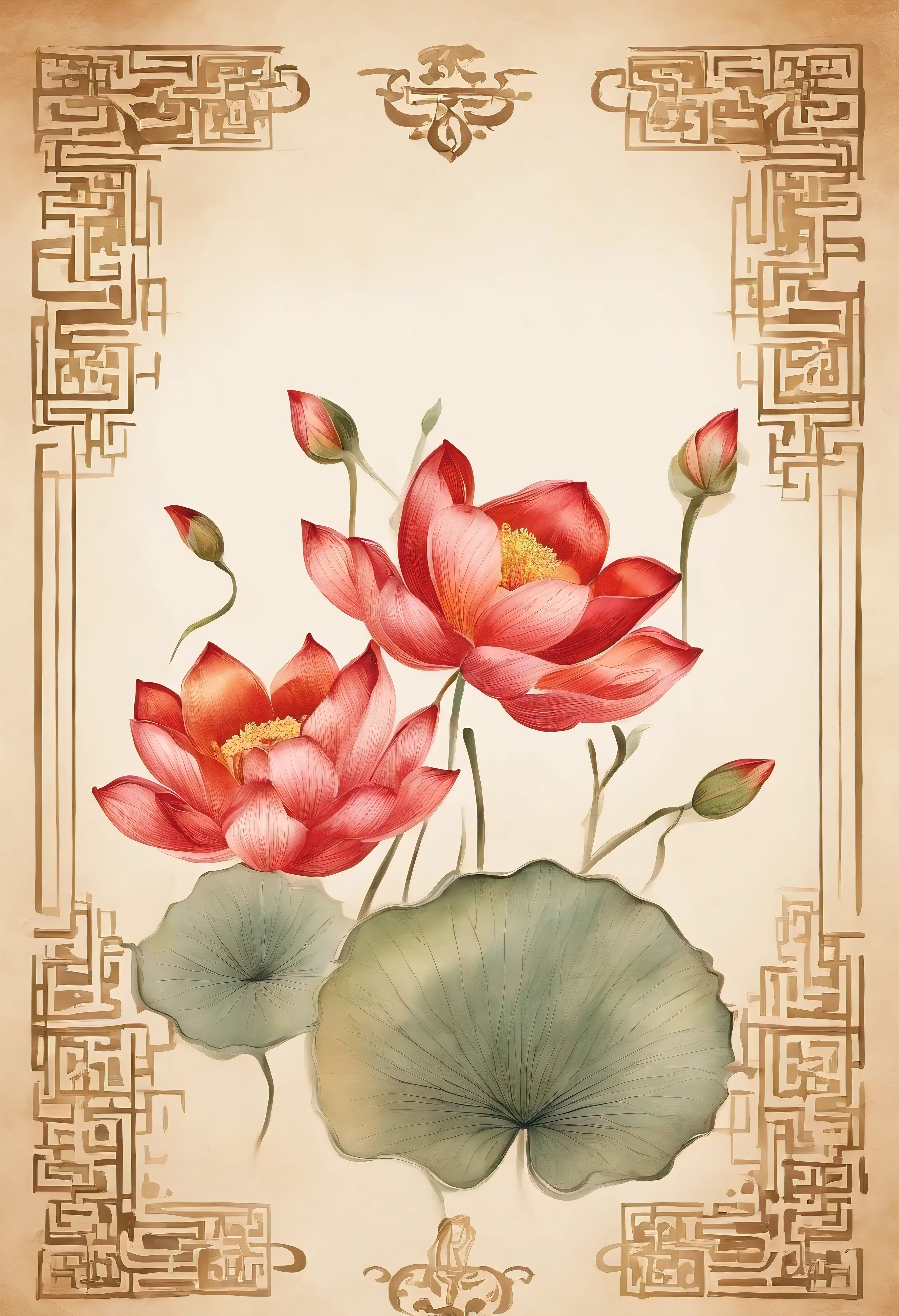 There a picture of a flower on the plate, Elegant Chinese style painting background,Fine line decoration, chinoiserie pattern, oriental art nouveau, Lotus Mandala, classical ornament, oriental wallpaper, 256x256, 2 5 6 x 2 5 6, ancient china art style, Lotus, Arranged symmetrically on all sides