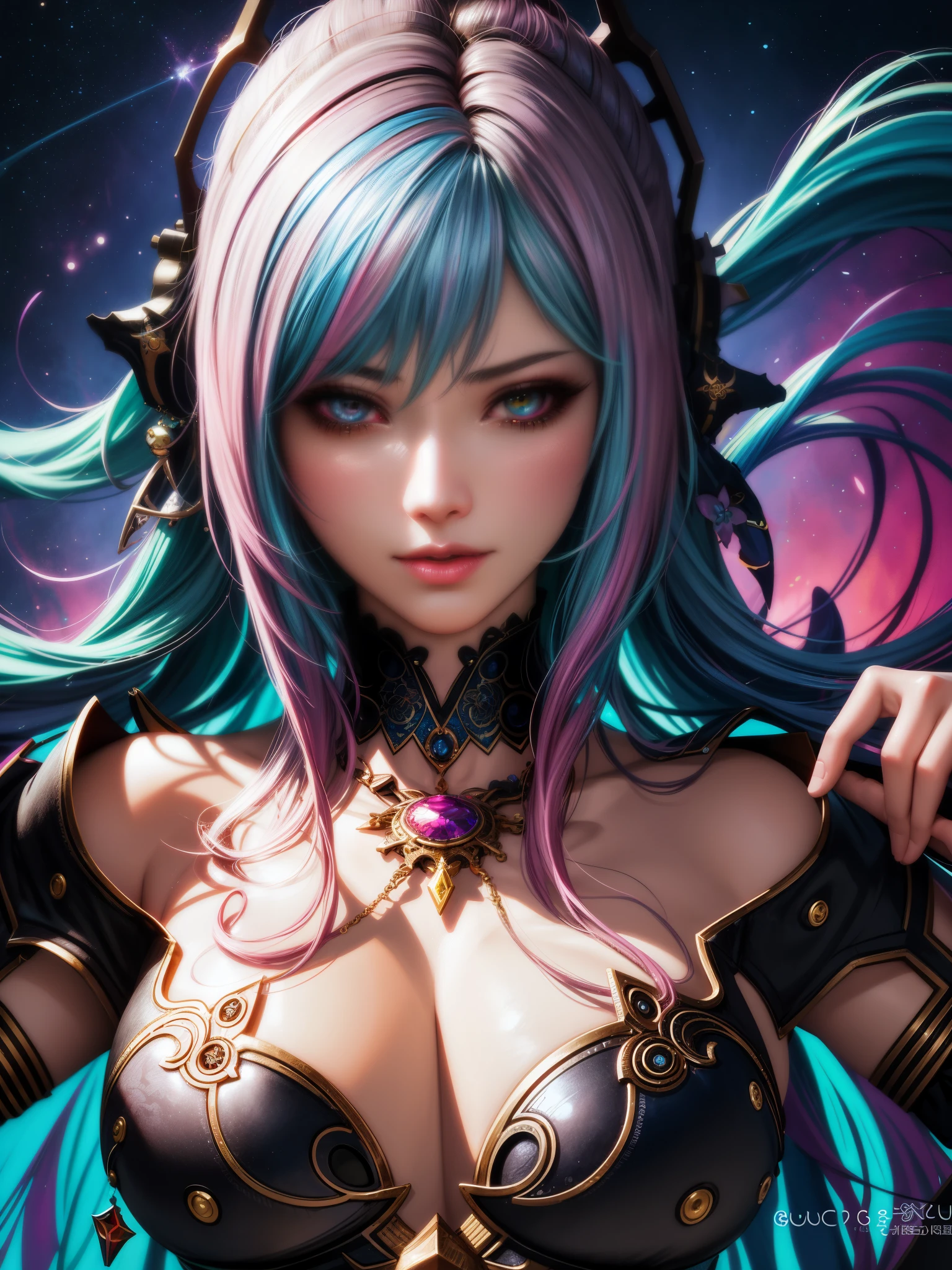 a close up of a woman with rich and colorful hair and a necklace, Cosmic hair anime girl, Rose draws pastel vibrant, guweiz style artwork, fantasy art style, rich and colorful]”, Vibrant fantasy style, rossdraws vibrant, cosmic and rich and colorful, guweiz, rich and colorfull digital fantasy art, Stunning art style, Beautiful anime style