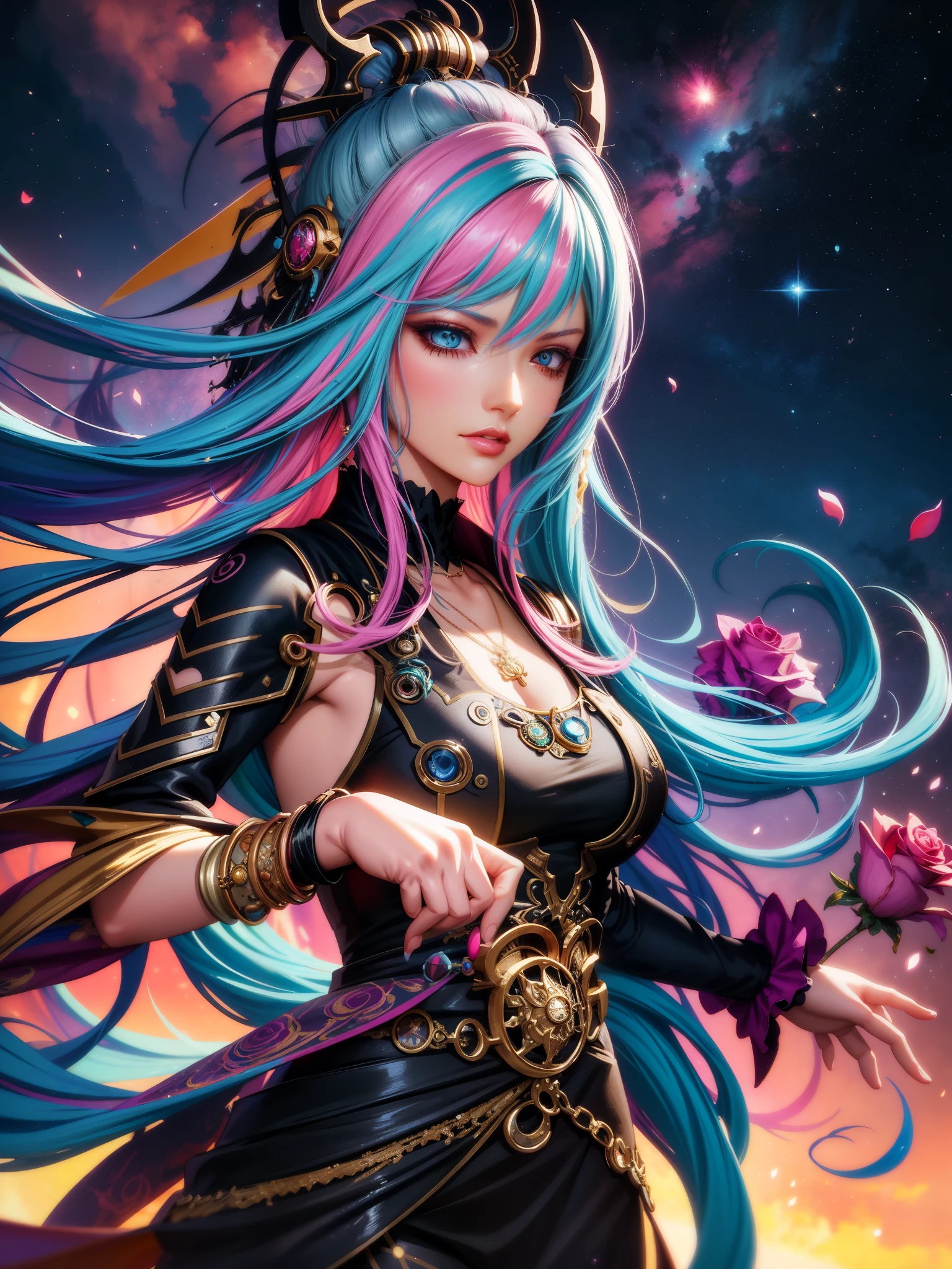 a close up of a woman with rich and colorful hair and a necklace, Cosmic hair anime girl, Rose draws pastel vibrant, guweiz style artwork, fantasy art style, rich and colorful]”, Vibrant fantasy style, rossdraws vibrant, cosmic and rich and colorful, guweiz, rich and colorfull digital fantasy art, Stunning art style, Beautiful anime style