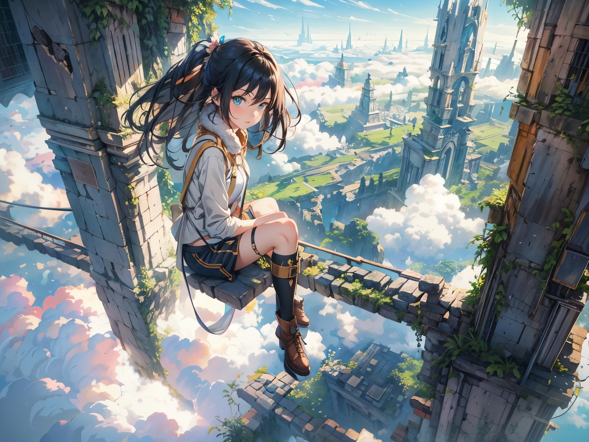 (in the air),(above the cloud:1.4),(finely detailed ancient lost_city:1.3),(lost_city towering above the clouds:1.2),epic,(focus_girl:1.2),(girl in city peak of Broken bridge), sitting on the verge of that bridge looking at the far horizons,rule of thirds,anime_face,fine-tuning face, detailed eyes,cute face,black hair, finely detailed fantasy traveler clothes,calm expression ,overhead_viewer,wind blow at viewer,fantastic plant,book,(Giant World Tree),motion,(depth_of_field), extension image, front view , colorful dreamy fluffy clouds,octane render,8K resolution concept art, realism,by Mappa studios,masterpiece,best quality,official art,illustration,ligne claire,(cool_color),perfect composition,absurdres, fantasy,focused