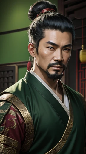 oriental、ancient chinese man wearing green clothes、ancient chinese hairstyle man、three kingdom、multiple warlords、highest quality、masterpiece、ultra high resolution、(Photoreal:1.4)、game poster、inside the house、Upper body、highest quality、masterpiece、ultra high resolution、(Photoreal:1.4)、game poster