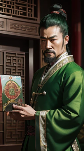 oriental、ancient chinese man wearing green clothes、ancient chinese hairstyle man、three kingdom、multiple warlords、highest quality、masterpiece、ultra high resolution、(Photoreal:1.4)、game poster、inside the house、Upper body、highest quality、masterpiece、ultra high resolution、(Photoreal:1.4)、game poster