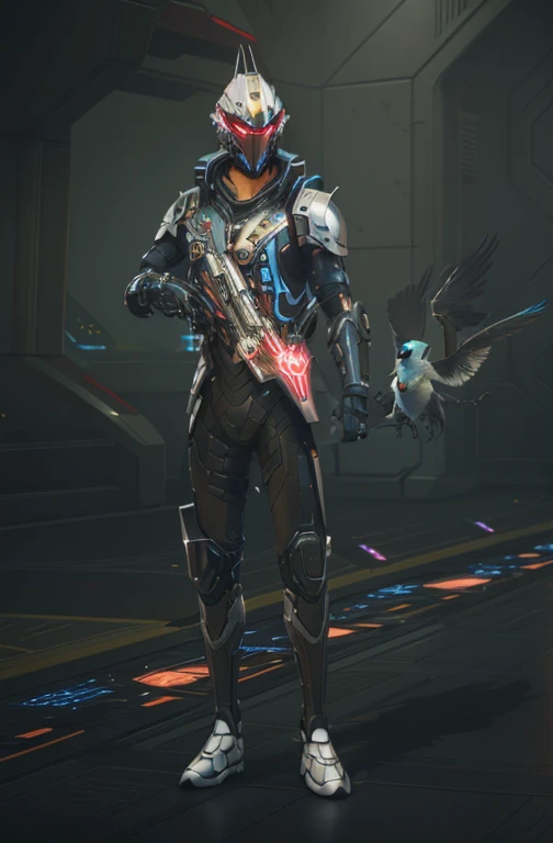 there a man in a futuristic outfit holding a bird, crow in cyber armour, sci-fi skin, chrome outfit, style of starfinder, in a dark space mercenary outfit, obsidians skin, lunar themed attire, cyber universe style, valorant character, chromatic skin, cyber punk setting, male with halo, clothed in cyber armour