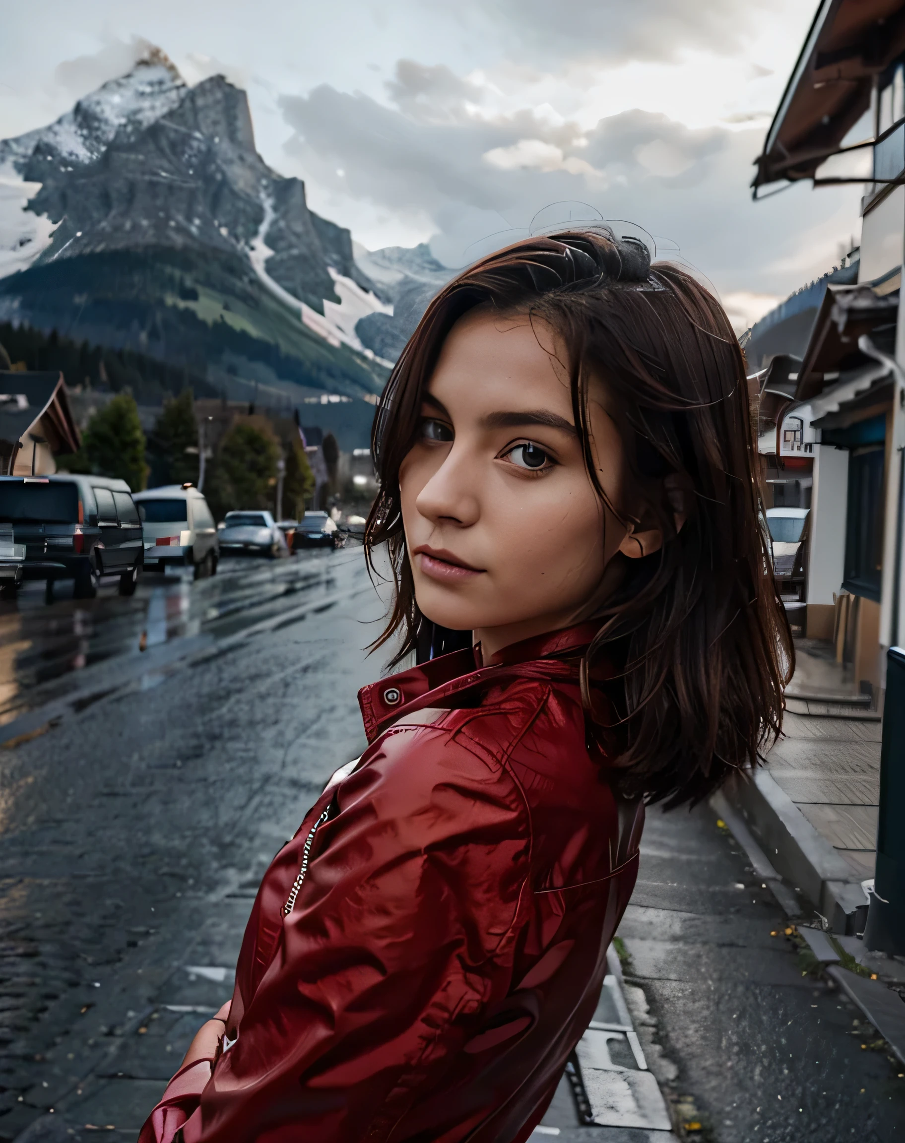 (8 Tausend, Rohfoto, highest quality), Beautiful skinny girl, im auto, red jacket, selfie, berge, regen, (Detaillierte Augen:0.8), Trotz512, (highest quality), (bester Schatten), Komplizierte Details, Innere, rote Haare:1.3
