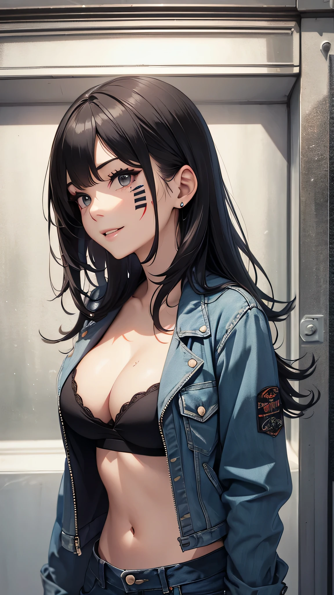 最high quality、best image quality、masterpiece、teenage girl((18-year-old、 by becoming、vest bust、medium bust,wide open breast tea、black eye, black hair、long hair、thin,highest valley、cute makeup、punk clothing、best smile、Red Face Paint、distressed jeans、distressed jacket、black sports bra、model pose、Crouching posture)),high quality、beautiful art、background((Large white room、white luxury convertible car)),pieces fly、Depth of written boundary、movie、visual art、perfect art、