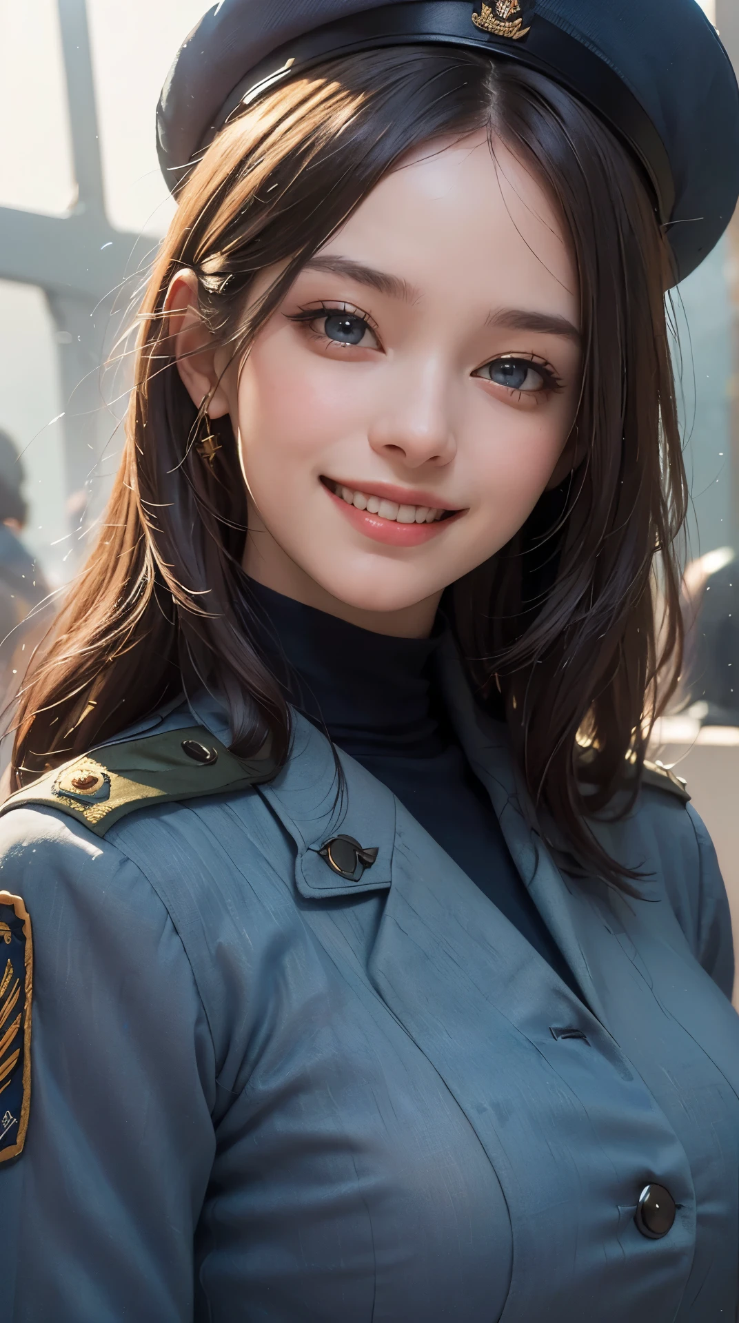 (best quality,4K,8k,high resolution,masterpiece:1.2), Super detailed, (actual,photoactual,photo-actual:1.37), (Beautiful and delicate eyes, Beautiful and delicate lips, Extremely detailed eyes and face), studio lighting, Physically based rendering,Vivid color tits, Super big奶, Super big:0.8), (military uniform or navy:1.5), (soft light:0.picture, smile and laugh:1.5), (cockpit),