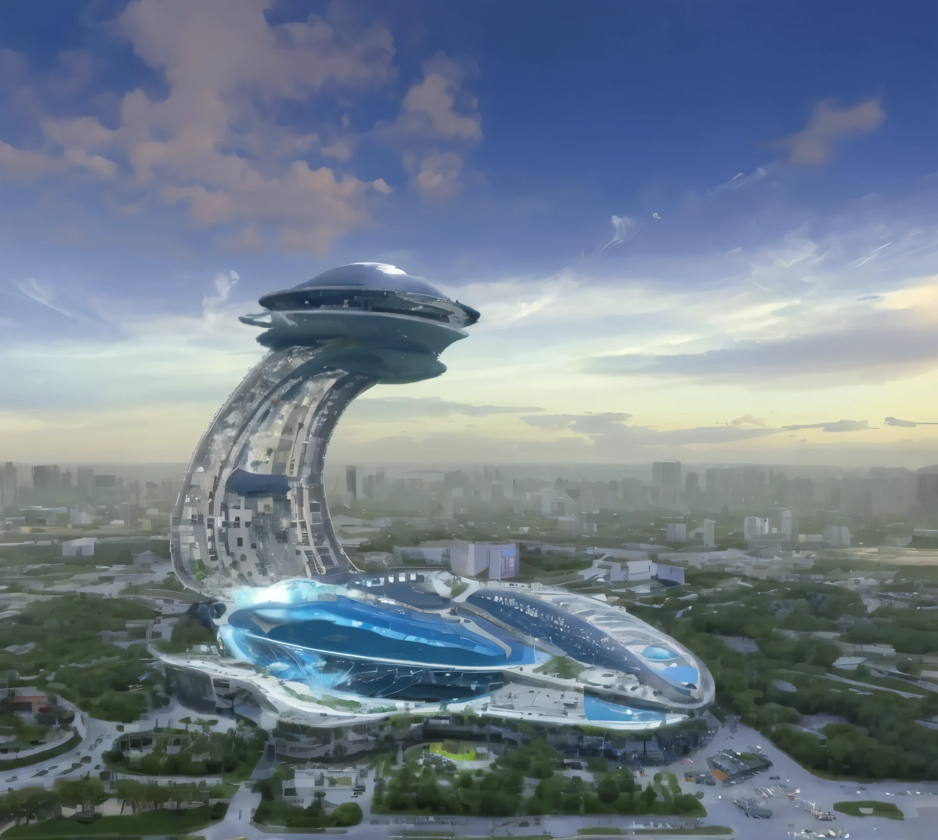 Sci-fi architecture small aerial view spaceship theme building shape like spaceship HD 4k high resolution