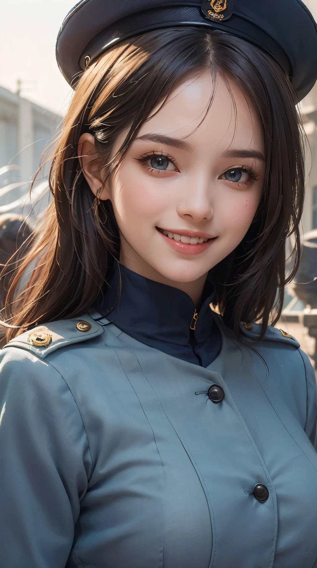 (best quality,4K,8k,high resolution,masterpiece:1.2), Super detailed, (actual,photoactual,photo-actual:1.37), (Beautiful and delicate eyes, Beautiful and delicate lips, Extremely detailed eyes and face), studio lighting, Physically based rendering,Vivid color tits, Super big奶, Super big:0.8), (military uniform or navy:1.5), (soft light:0.picture, smile and laugh:1.5), (cockpit),