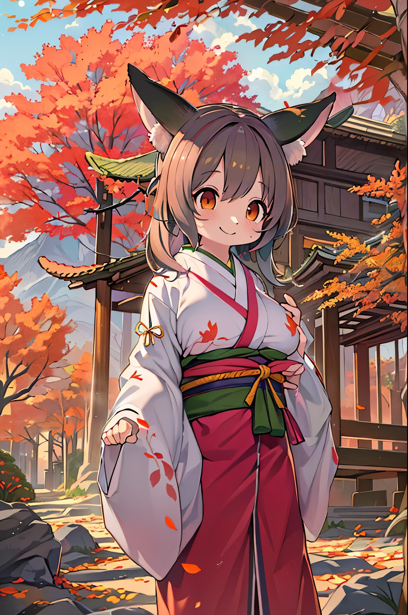 fox woman、furry body、huge breasts、cute maiden、japanese white clothes,Red too、torii,((High position))、big smile、bbw、thick tight、big ass、ultra mommy,Little,Nanachi、Beautiful shrine scenery, autumn day,maple、 loose, anime background Art, japanese art style, beautiful anime scene, detailed scenery - width 672, background art, anime scenery, anime background, 美しいanime scenery, Beautiful peace scenes in anime, landscape artwork, japanese village, anime scenery concept art, 8K))、a lot of fallen leaves