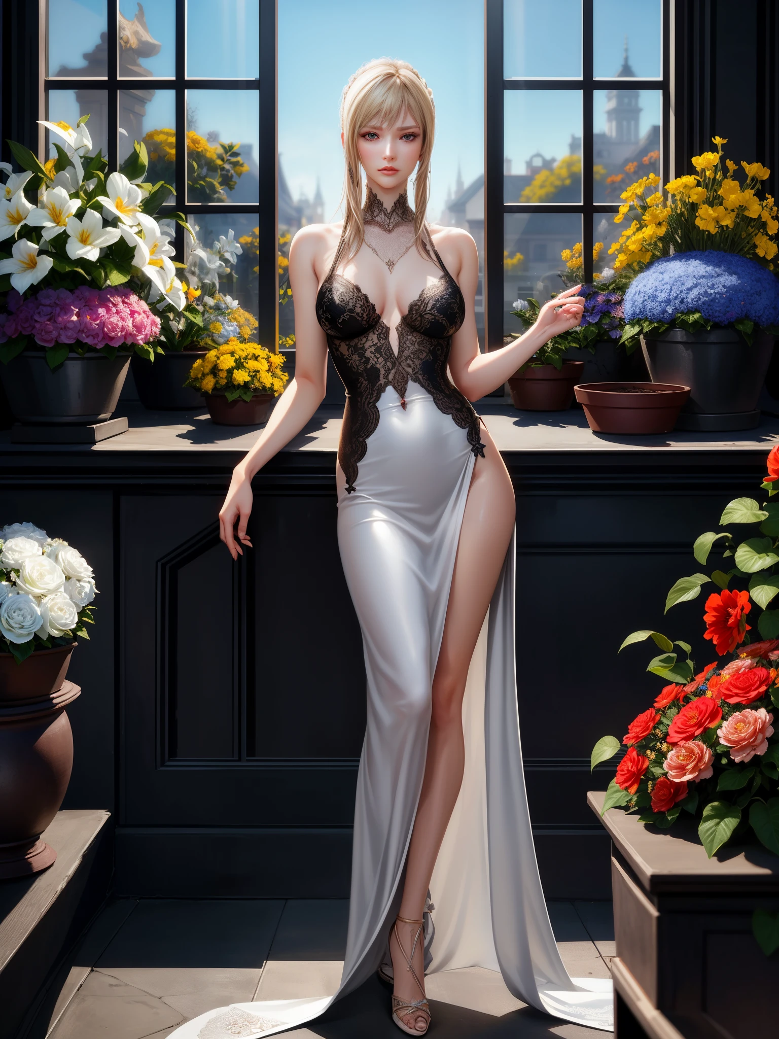 extremely delicate and beautiful, Astonishing, fine details, masterpiece, Super detailed, high resolution,Best Illustration, best shadow,complex,sharp focus,  high quality, 1, alone, blond. red eyes, Kavi Genshin Impact, glass greenhouse, Flowers in pots, flowers for sale, Look at the flowers, There are flowers everywhere