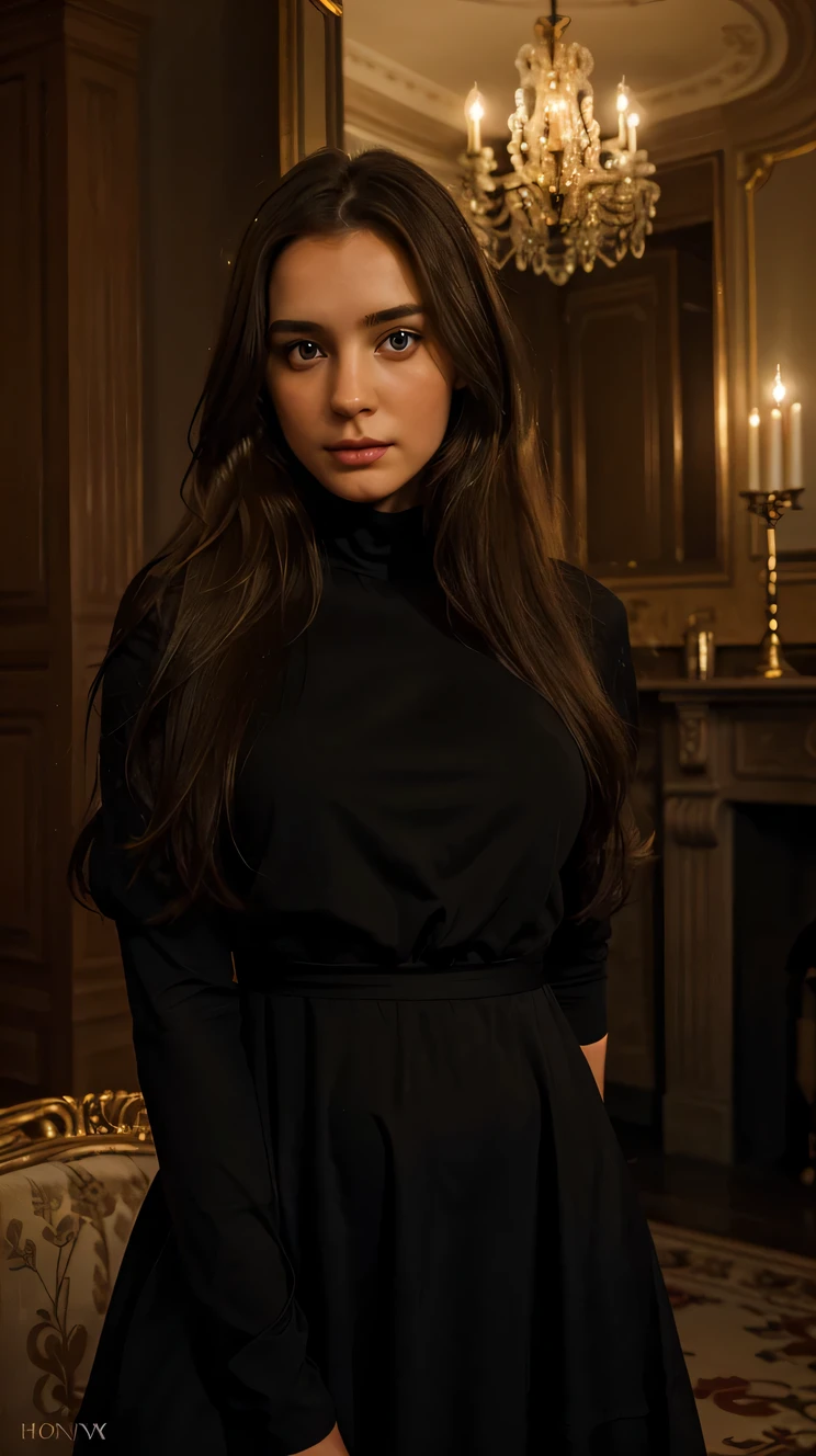 One jung french girl posing in the living room, she has long brown hair, she is wearing a black dress, (candelight), (french), (atmospharic sight), (cinematic lights), movielook, (high quality), (best quality), (realistic), (HDR), 50mm, (Sony), (perfect finger), (perfect eyes),