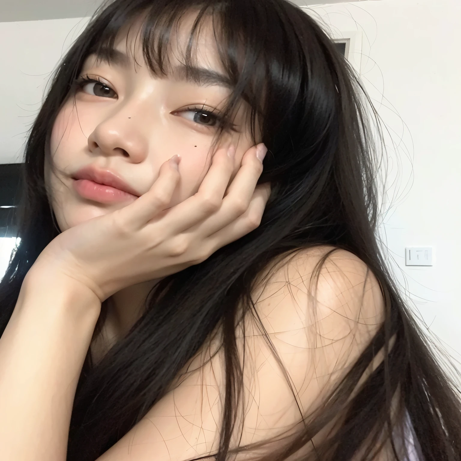 there is a woman with long hair posing for a photo, Ulzzang, garota cara fofa, Menina coreana, 🤤 retrato de menina, young cute wan asian face, Asian girl, pale round face, asian face, ela tem cabelo preto com franja, beautiful Asian girl, Asian girl with long hair, Franja reta longa, asian features, lindo rosto delicado