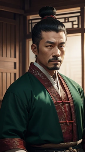 oriental、ancient chinese man wearing green clothes、ancient chinese hairstyle man、three kingdom、multiple warlords、highest quality、masterpiece、ultra high resolution、(Photoreal:1.4)、game poster、inside the house、Upper body、highest quality、masterpiece、ultra high resolution、(Photoreal:1.4)、game poster