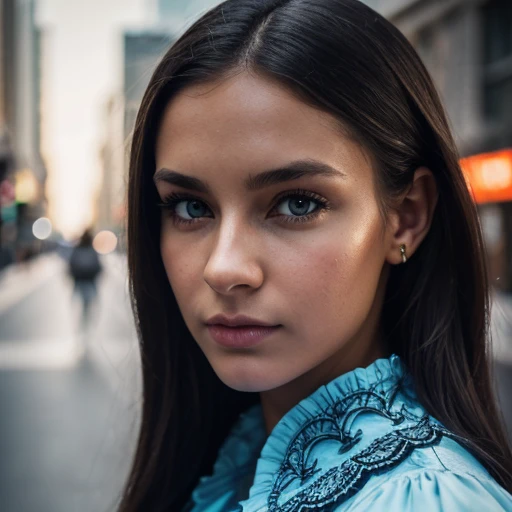 (black riders jacket:1.1), (masterpiece, best quality, pretty girl, beautiful face, 8k, raw photo, photorealistic, absurdres:1.2), teens, cowboy shot, dutch angle, facelight, film grain, chromatic aberration, highres, ultra detailed, finely detail, light blue frilled lace dress, detailed skin and eyes and face, sharp pupils, realistic pupils, sharp focus, street