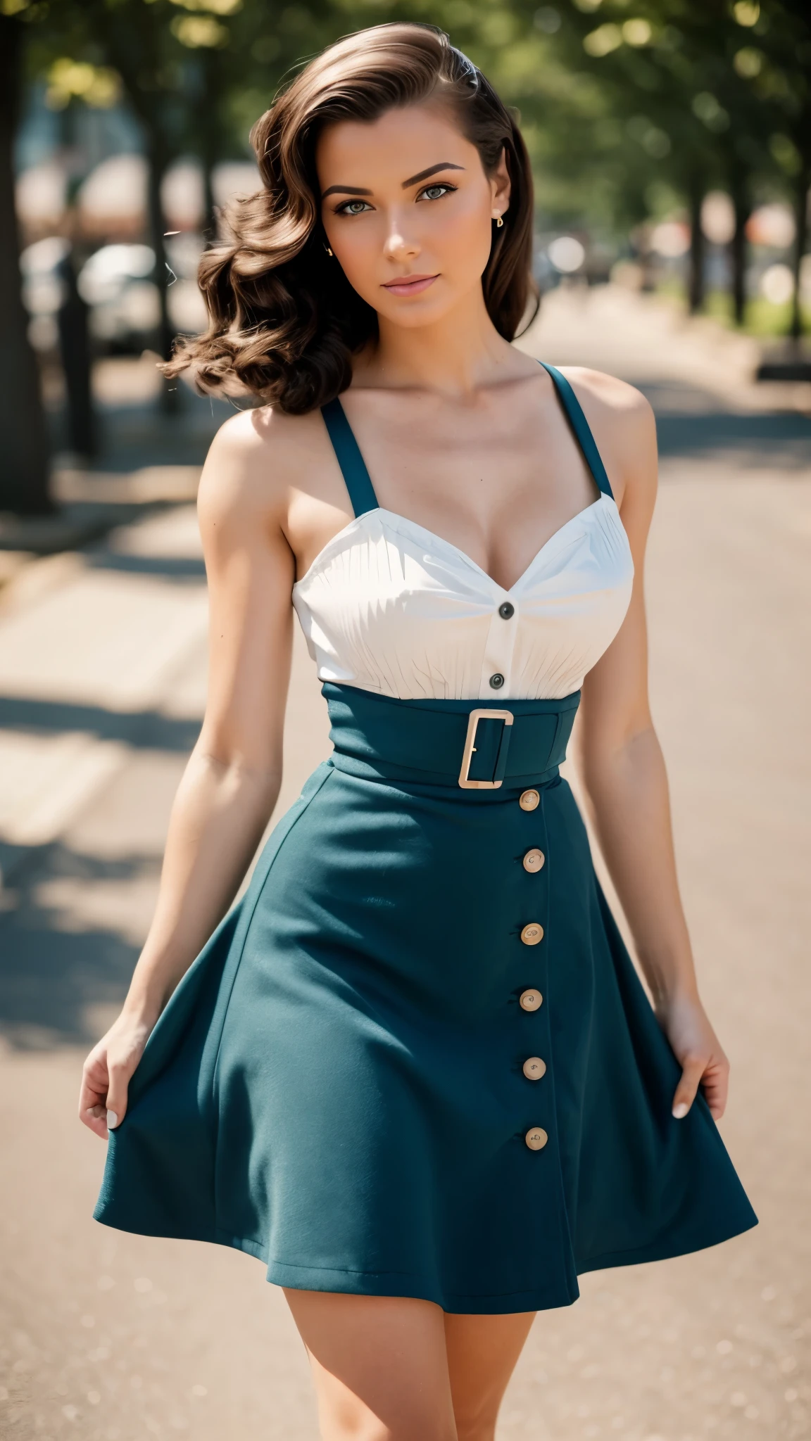 realistic body shot photo of a american woman walking in front of the camera wearing a 1940s outfit. street. glamour photoshoot. perfect butt, beautiful face, perfect anatomy, fit girl, looking into the camera, strong hip:1.2, wide hip:1.3, 27 yo woman. (Eye makeup:1.1), (highly detailed skin:1.1), RAW, analog style, sharp focus, 8k UHD, DSLR, high quality, Fujifilm XT3, grain, award winning, masterpiece.